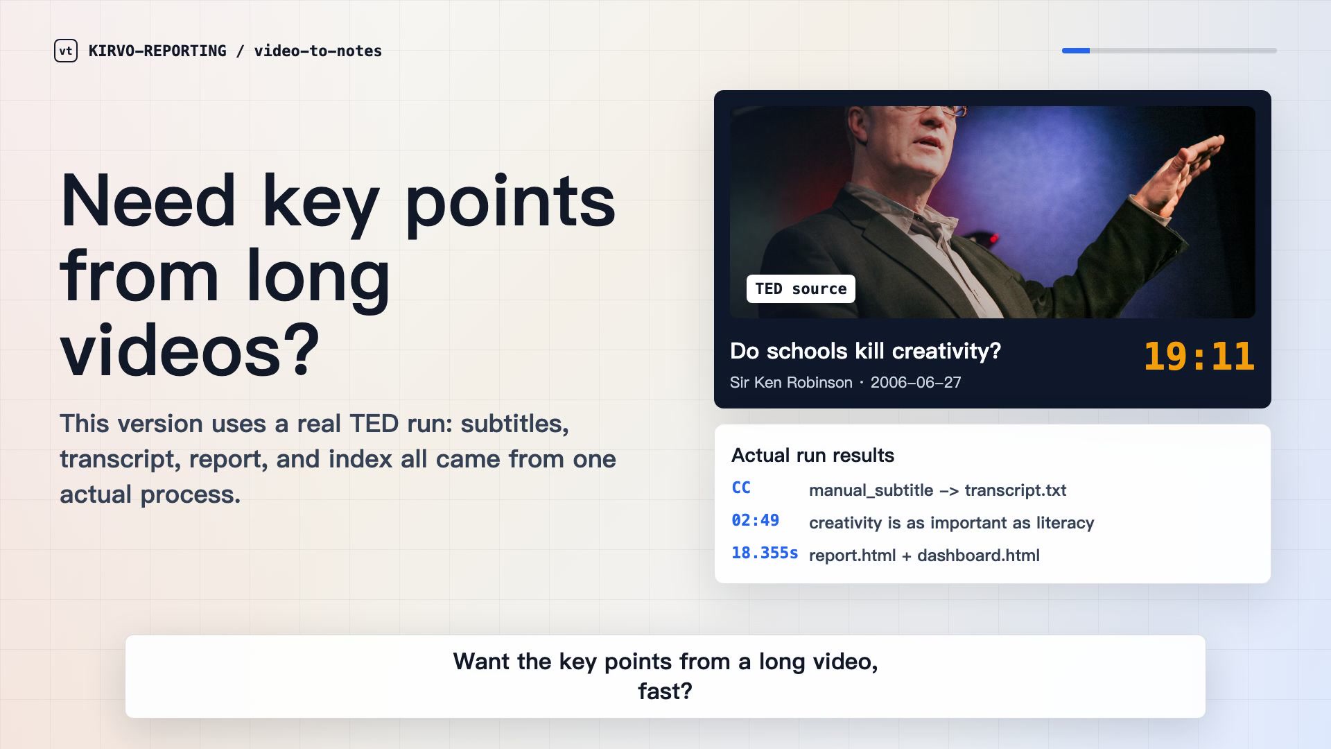A real video-to-notes run showing a TED video and timestamped output